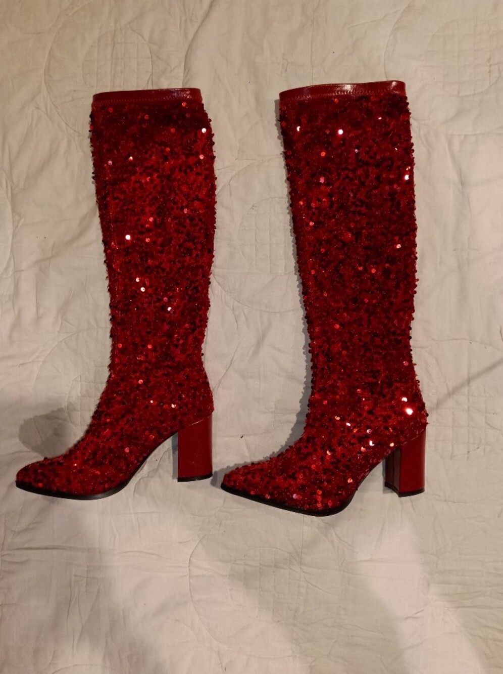 New Red Sequin Knee-High Block Heel Boots 38